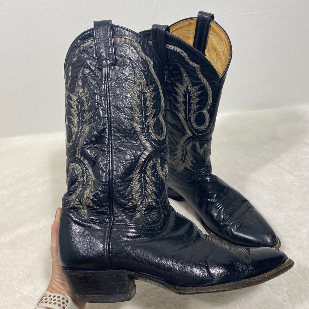 Tony Lama Black Leather Cowboy Western Boots Mens Size 10‎ D Vintage